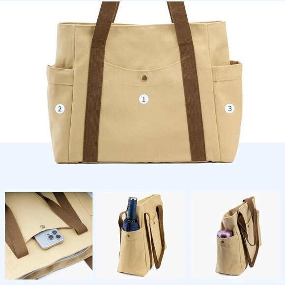 Canvas Tote Bag Durable Fabric Spacious Pockets Daily Use Travel Work - Picture 5 of 6